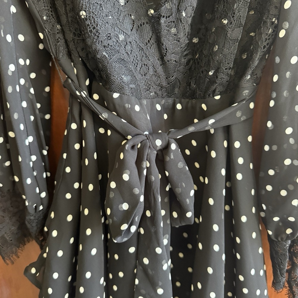 ASOS Black Polka Dot Mini Dress Size 8‎ Ruffle Skirt W/ Lace Trim Balloon Sleeve - Picture 4 of 7